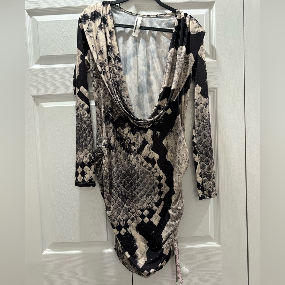 missguided snake print deep plunge long sleeve mini dress